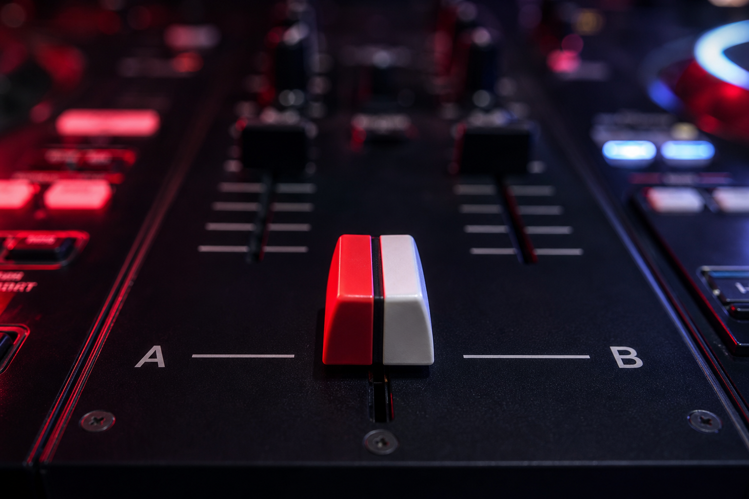DJ mixer crossfader close-up