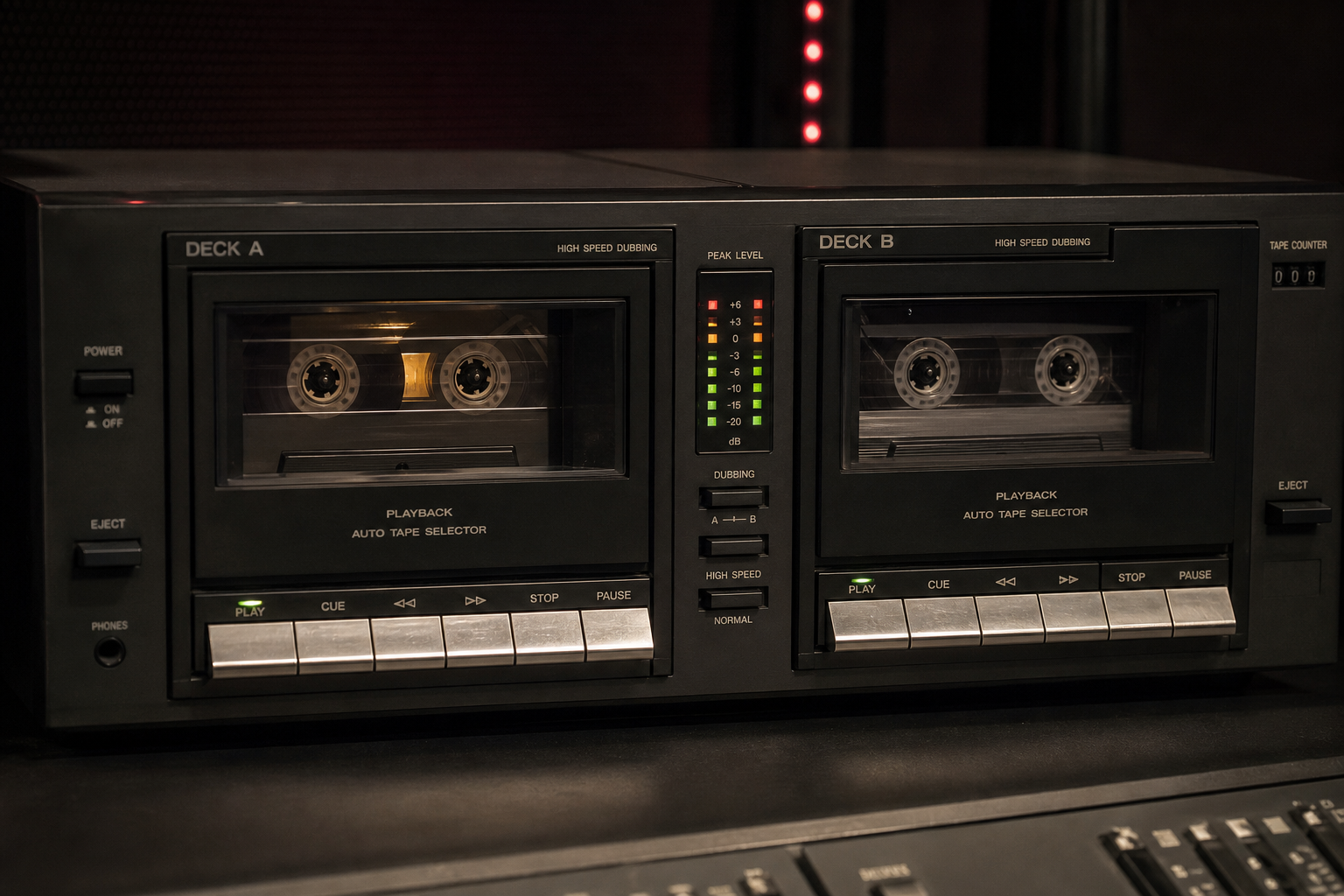 Two cassette decks side by side — Deck A and Deck B