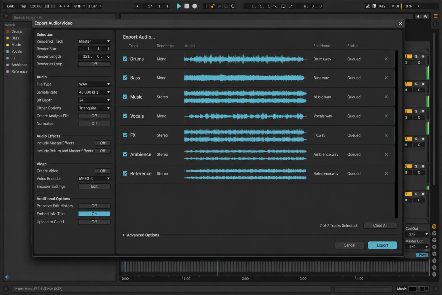 Stem export waveforms on screen