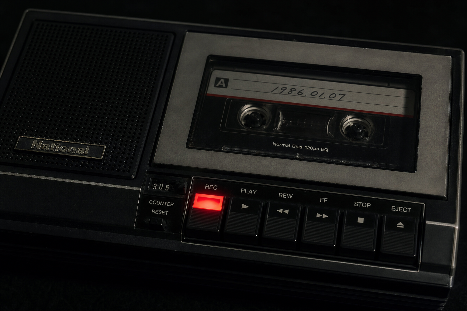 Cassette deck with REC button lit